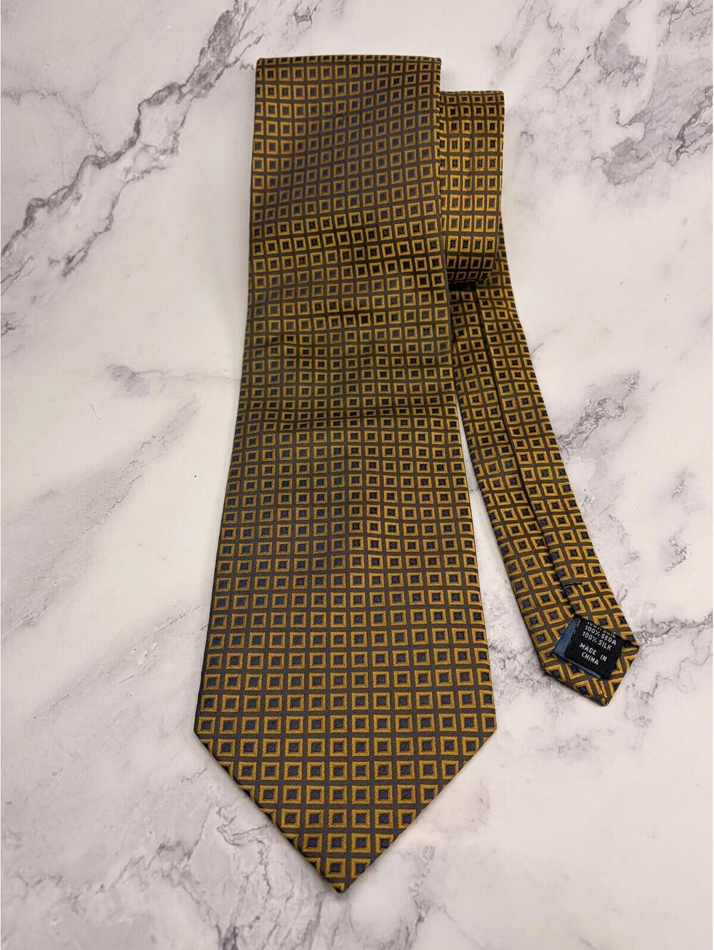 Alexander‎ Julian Colours Silk Tie Gold Blue Geometric Pattern Mens Necktie